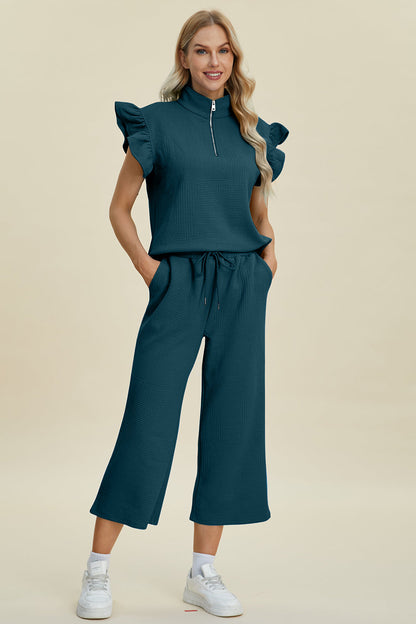 Double Take Full Size Texture Ruffle Short Sleeve Top and Wide Leg Pants Set Deep Teal S Women&