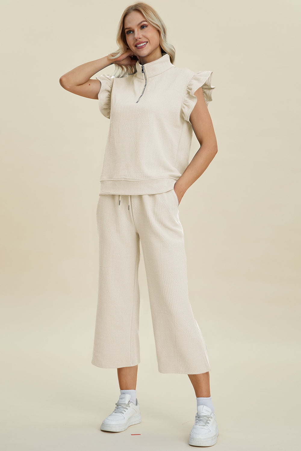 Double Take Full Size Texture Ruffle Short Sleeve Top and Wide Leg Pants Set Ivory S Women&