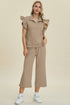 Double Take Full Size Texture Ruffle Short Sleeve Top and Wide Leg Pants Set Khaki S Women&