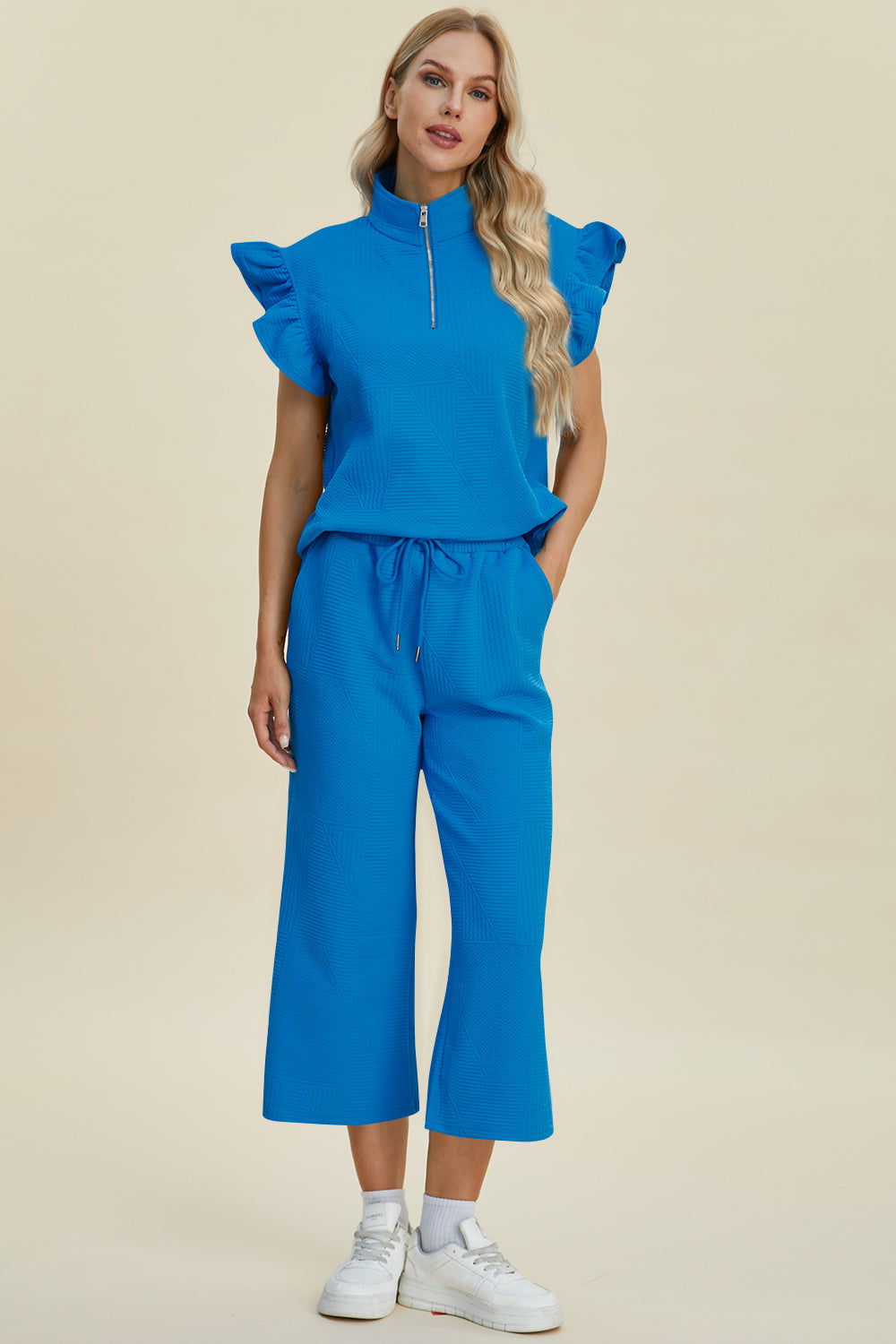 Double Take Full Size Texture Ruffle Short Sleeve Top and Wide Leg Pants Set Sky Blue S Women&