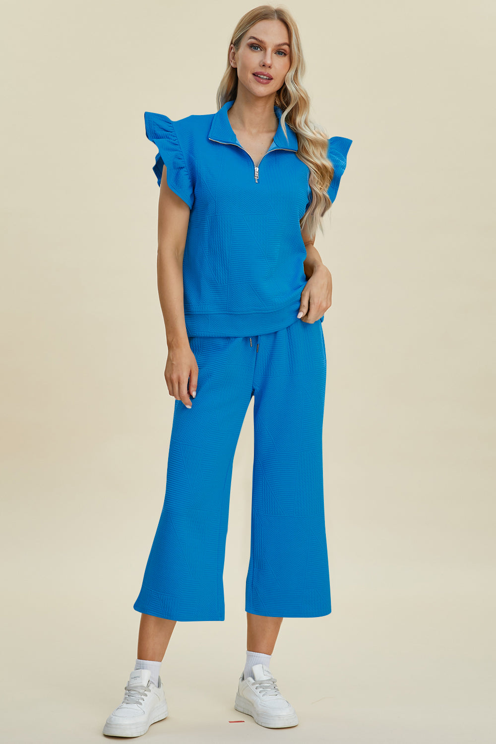 Double Take Full Size Texture Ruffle Short Sleeve Top and Wide Leg Pants Set Women&