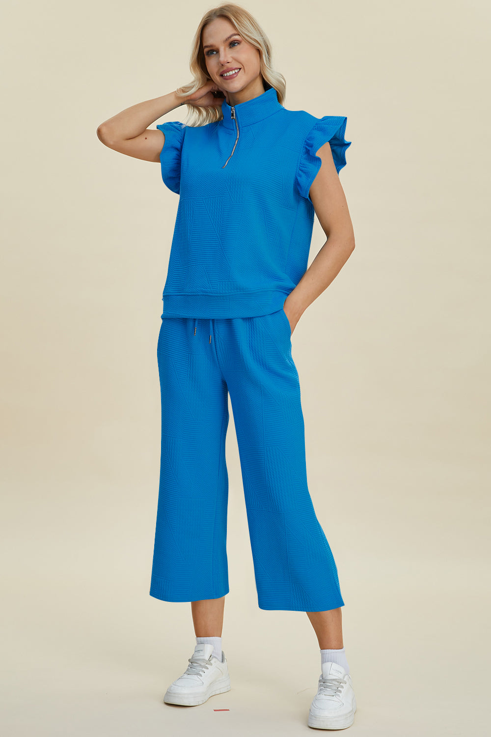 Double Take Full Size Texture Ruffle Short Sleeve Top and Wide Leg Pants Set Women&