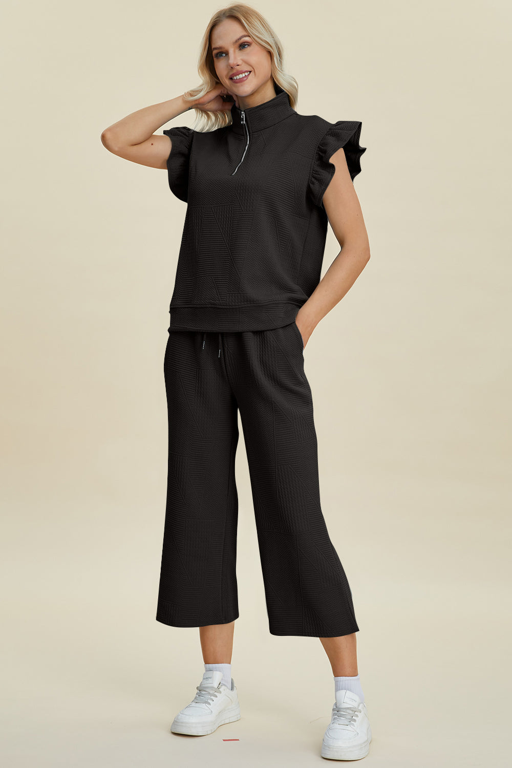 Double Take Full Size Texture Ruffle Short Sleeve Top and Wide Leg Pants Set Women&