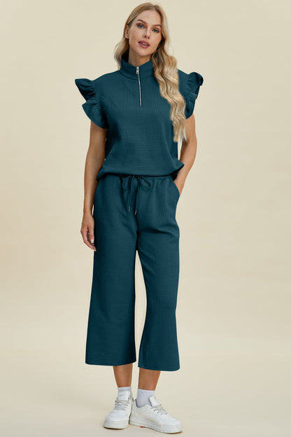 Double Take Full Size Texture Ruffle Short Sleeve Top and Wide Leg Pants Set Women&