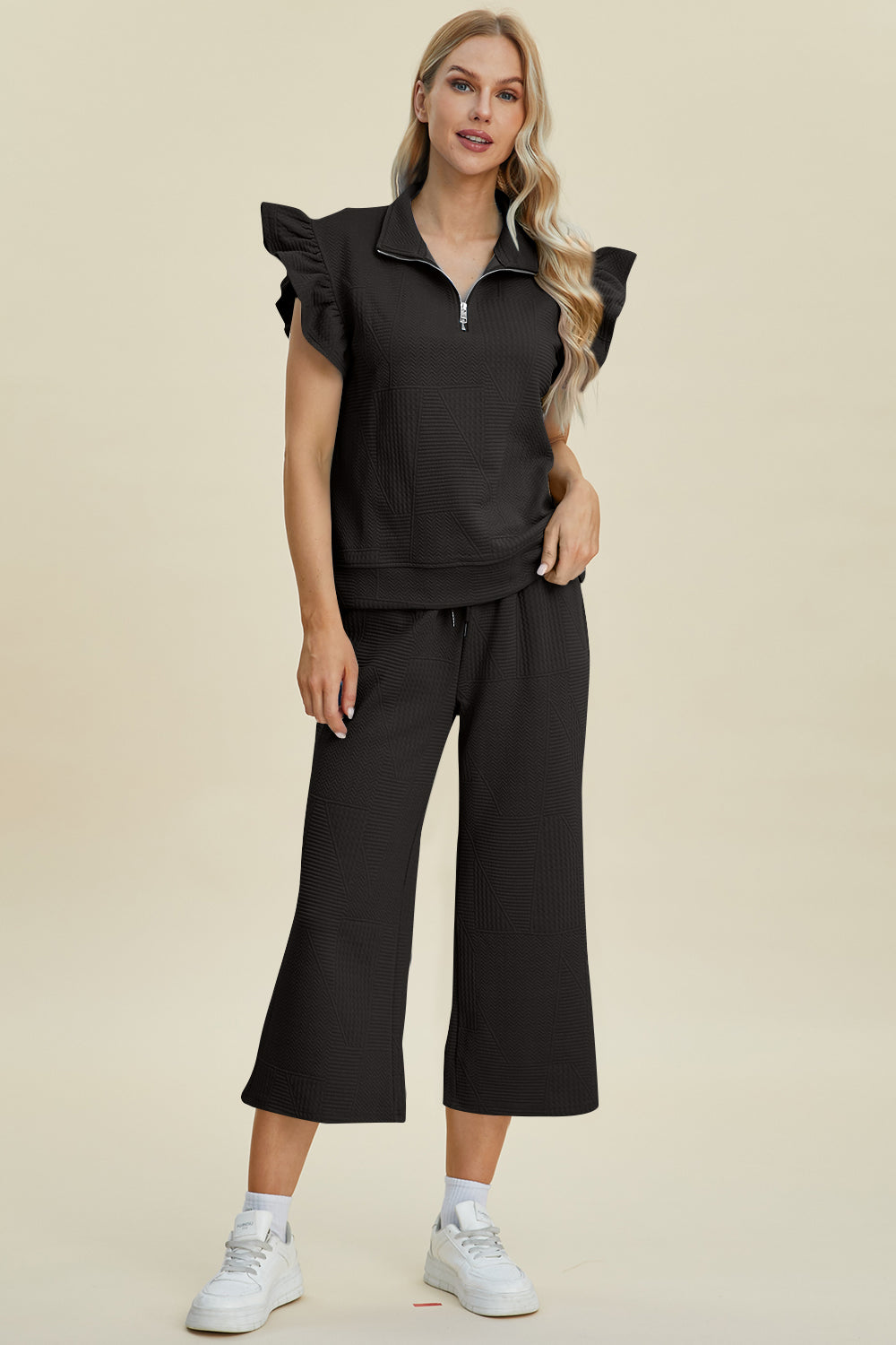 Double Take Full Size Texture Ruffle Short Sleeve Top and Wide Leg Pants Set Women&