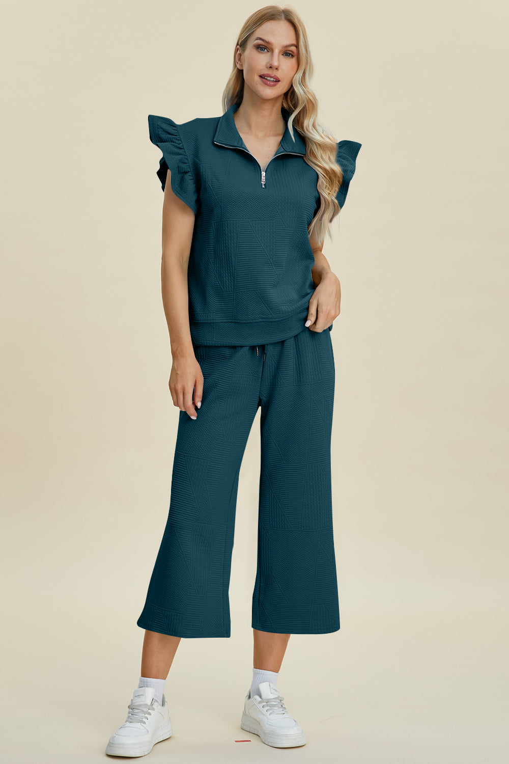 Double Take Full Size Texture Ruffle Short Sleeve Top and Wide Leg Pants Set Women&