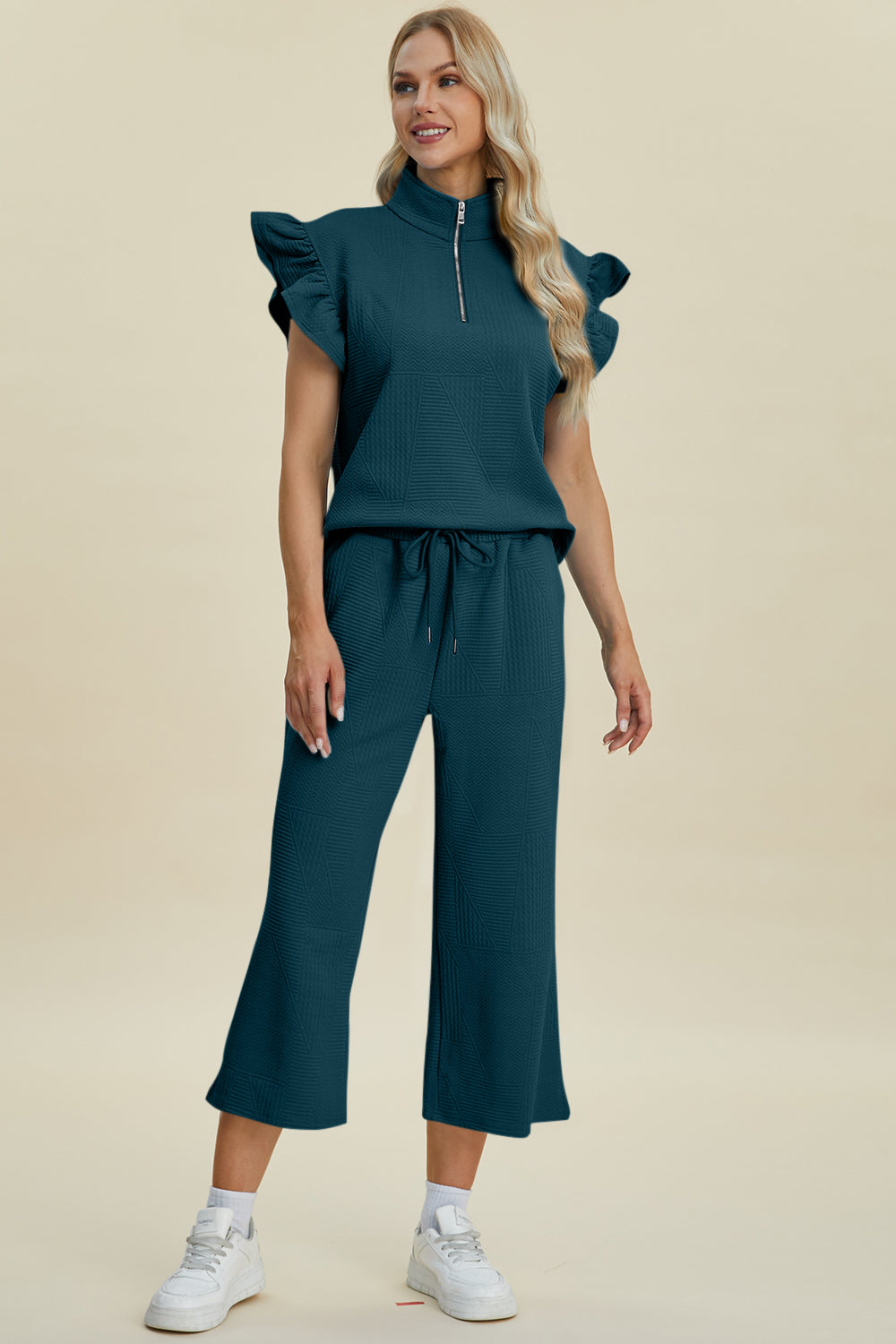 Double Take Full Size Texture Ruffle Short Sleeve Top and Wide Leg Pants Set Women&