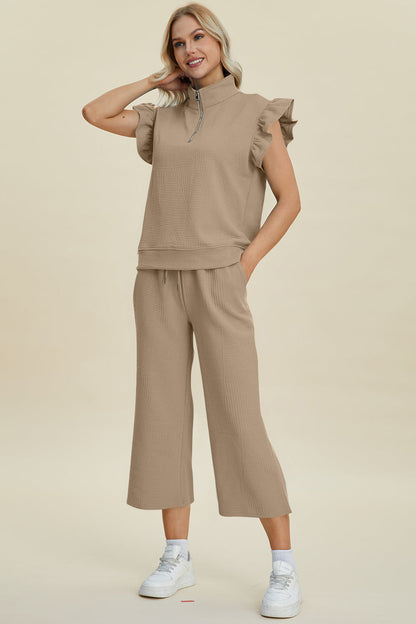 Double Take Full Size Texture Ruffle Short Sleeve Top and Wide Leg Pants Set Women&