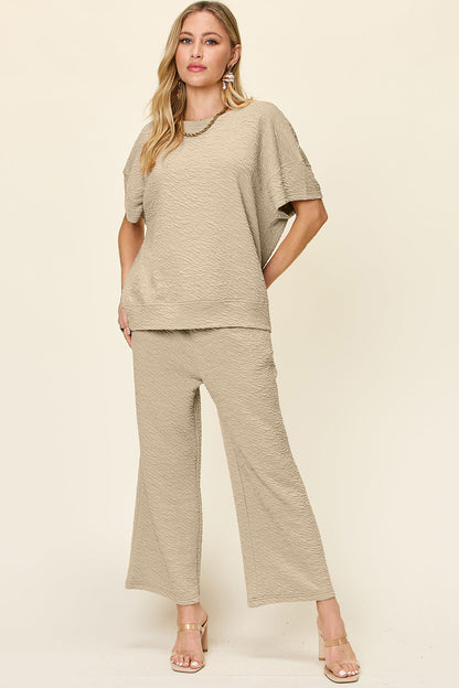 Double Take Full Size Texture Short Sleeve Top and Pants Set Khaki S Loungewear by Trendsi | Fleurcouture