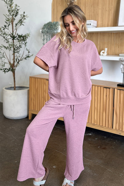 Double Take Full Size Texture Short Sleeve Top and Pants Set Loungewear by Trendsi | Fleurcouture