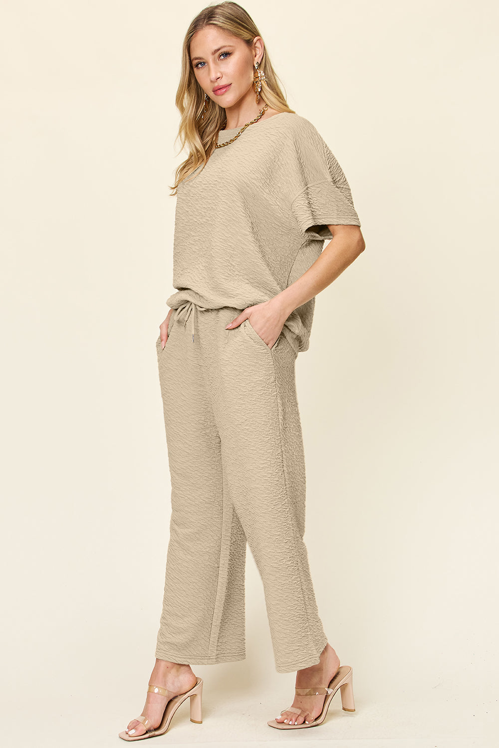 Double Take Full Size Texture Short Sleeve Top and Pants Set Loungewear by Trendsi | Fleurcouture