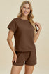 Double Take Full Size Texture Short Sleeve Top and Shorts Set Brown S Women&