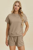 Double Take Full Size Texture Short Sleeve Top and Shorts Set Khaki S Women&