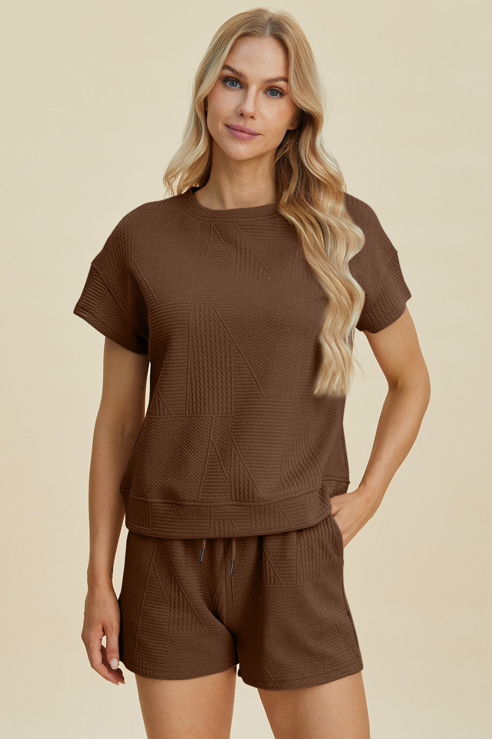 Double Take Full Size Texture Short Sleeve Top and Shorts Set Women&