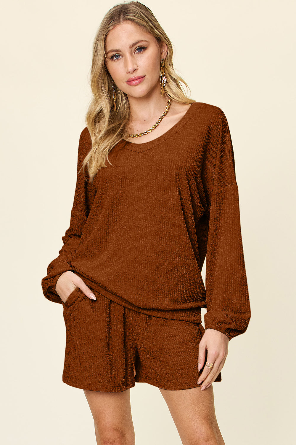 Double Take Full Size Texture V-Neck Long Sleeve T-Shirt and Shorts Set Caramel S Loungewear by Trendsi | Fleurcouture