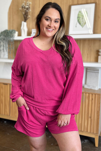 Double Take Full Size Texture V-Neck Long Sleeve T-Shirt and Shorts Set Hot Pink S Loungewear by Trendsi | Fleurcouture