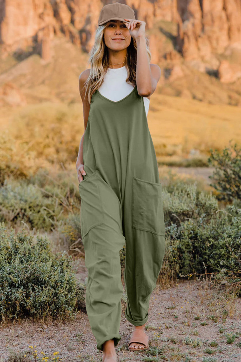 Double Take Full Size V-Neck Sleeveless Jumpsuit with Pockets Army Green S Romper by Trendsi | Fleurcouture