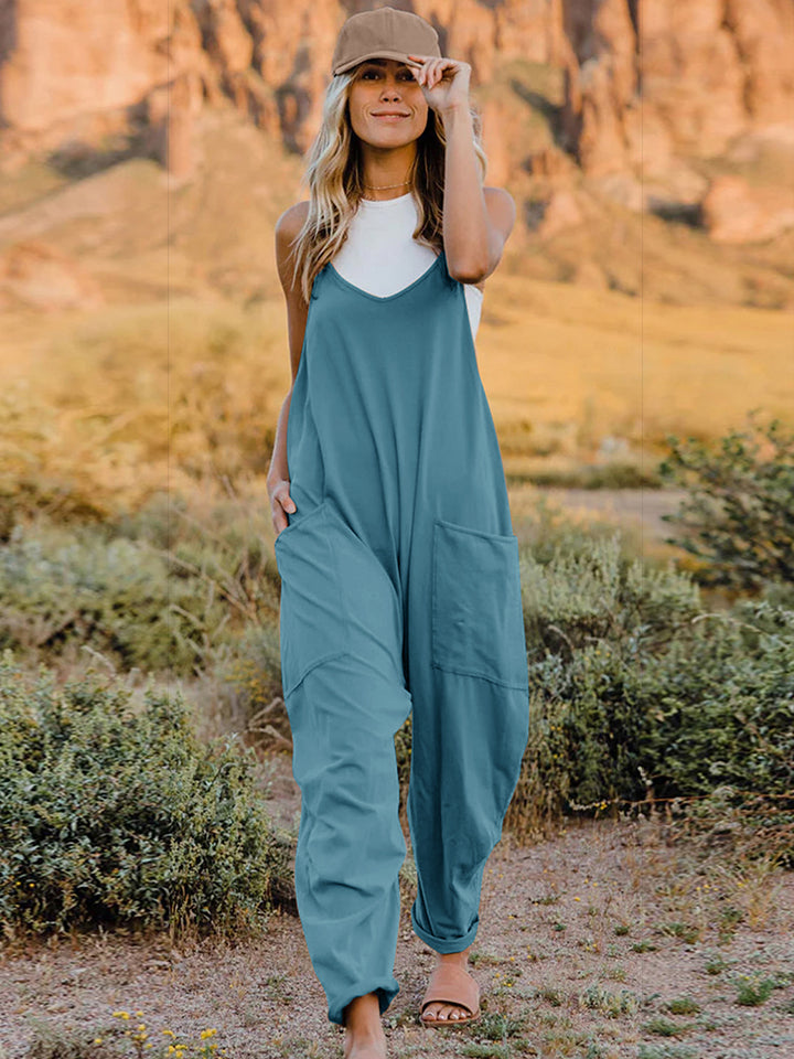 Double Take Full Size V-Neck Sleeveless Jumpsuit with Pockets Azure S Romper by Trendsi | Fleurcouture