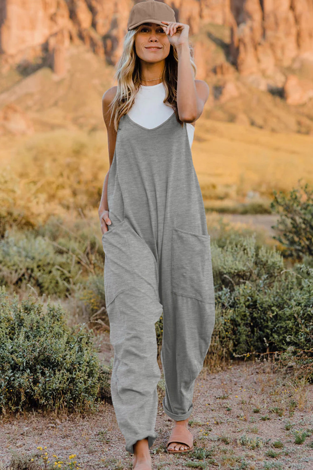 Double Take Full Size V-Neck Sleeveless Jumpsuit with Pockets Light Gray S Romper by Trendsi | Fleurcouture