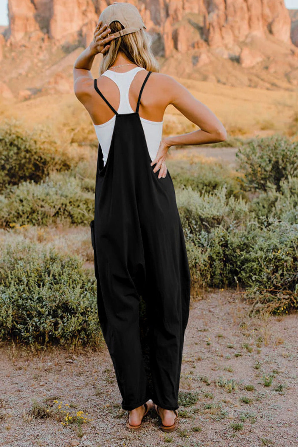 Double Take Full Size V-Neck Sleeveless Jumpsuit with Pockets Romper by Trendsi | Fleurcouture