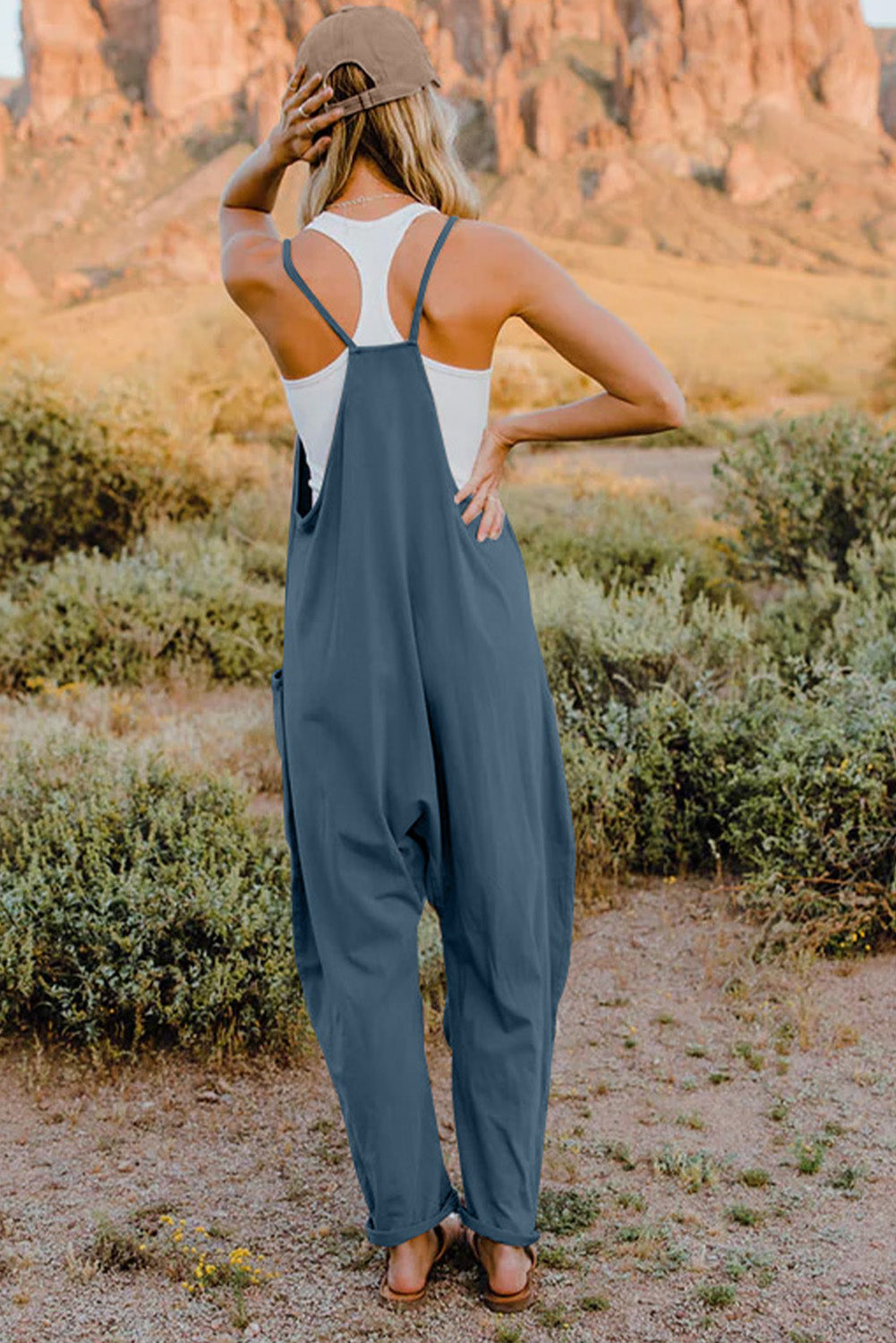 Double Take Full Size V-Neck Sleeveless Jumpsuit with Pockets Romper by Trendsi | Fleurcouture