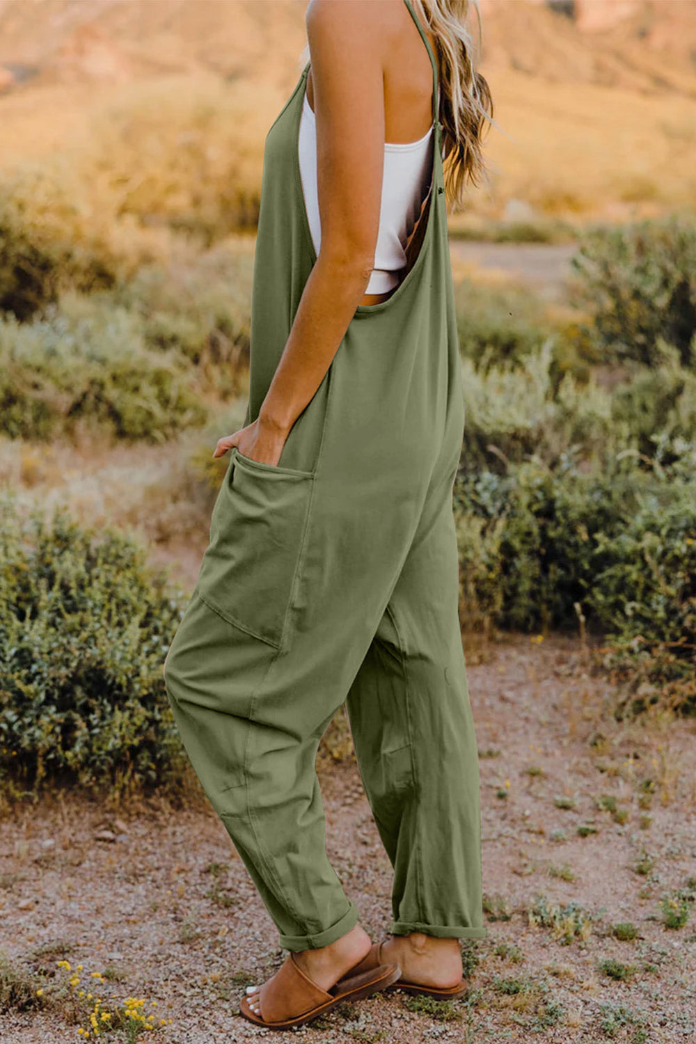 Double Take Full Size V-Neck Sleeveless Jumpsuit with Pockets Romper by Trendsi | Fleurcouture