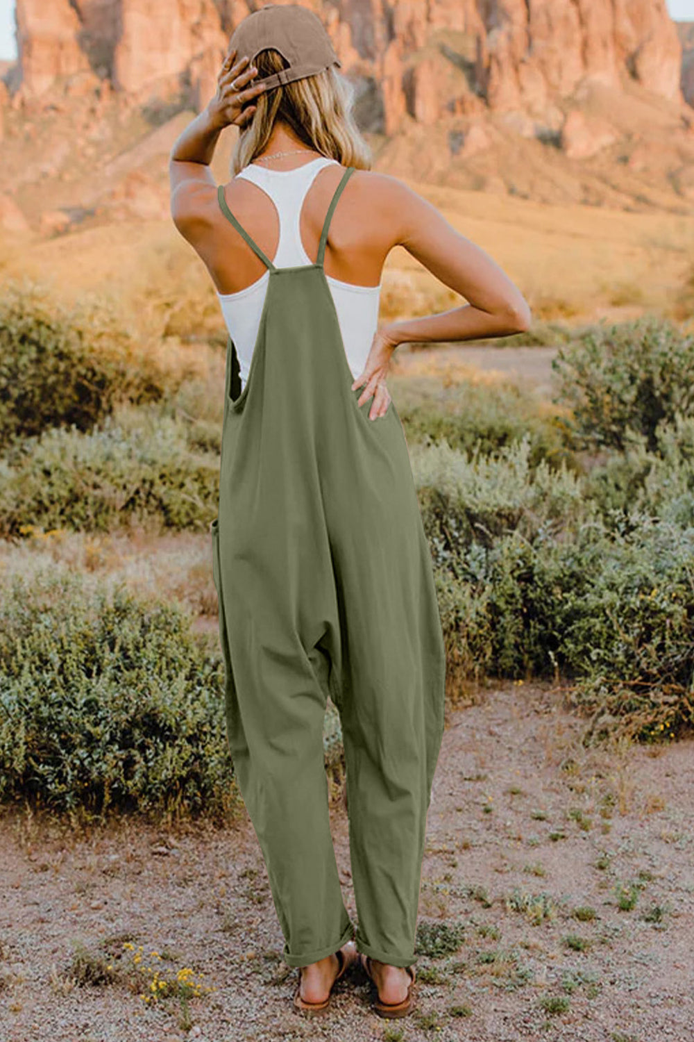 Double Take Full Size V-Neck Sleeveless Jumpsuit with Pockets Romper by Trendsi | Fleurcouture