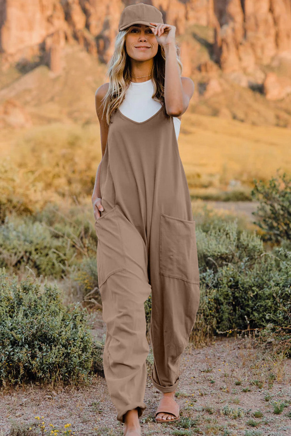 Double Take Full Size V-Neck Sleeveless Jumpsuit with Pockets Tan S Romper by Trendsi | Fleurcouture