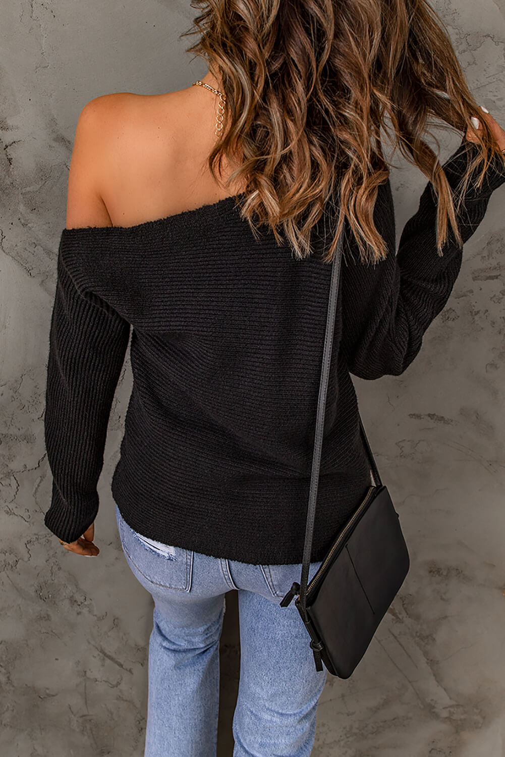 Double Take Horizontal Ribbing One-Shoulder Sweater Black Sweater by Trendsi | Fleurcouture