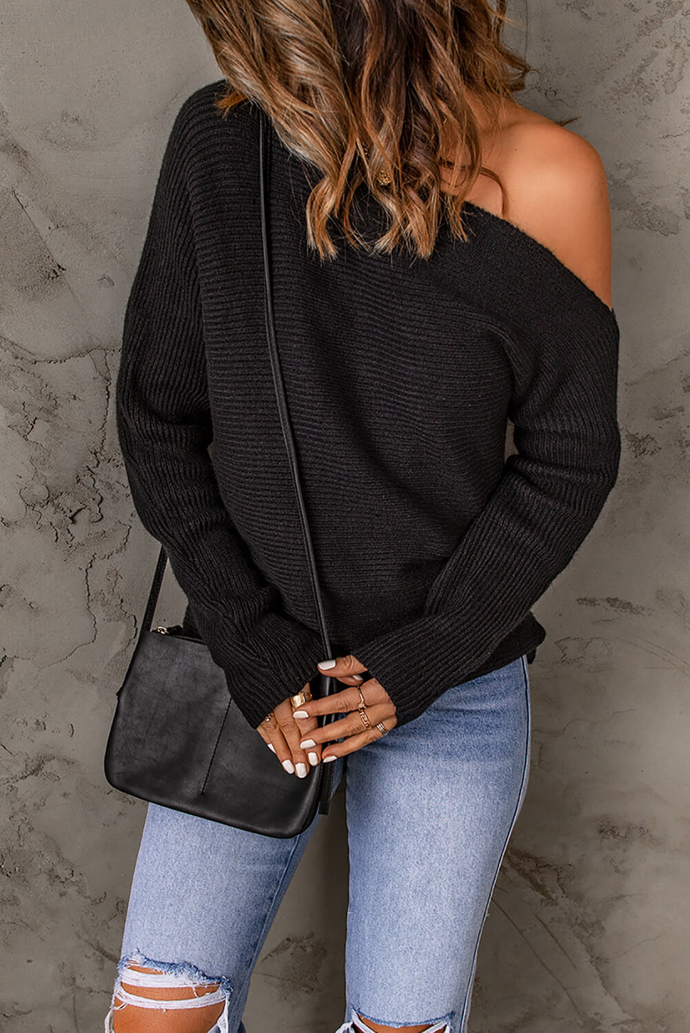 Double Take Horizontal Ribbing One-Shoulder Sweater Black Sweater by Trendsi | Fleurcouture