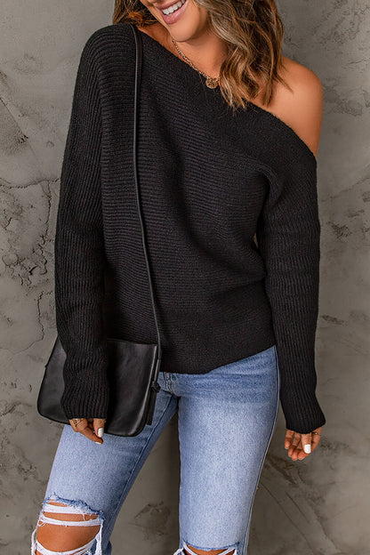 Double Take Horizontal Ribbing One-Shoulder Sweater Black Sweater by Trendsi | Fleurcouture