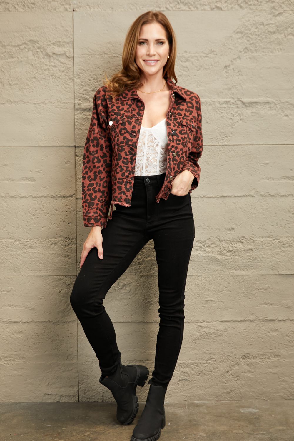 Double Take Leopard Print Raw Hem Jacket Leopard Jackets by Trendsi | Fleurcouture