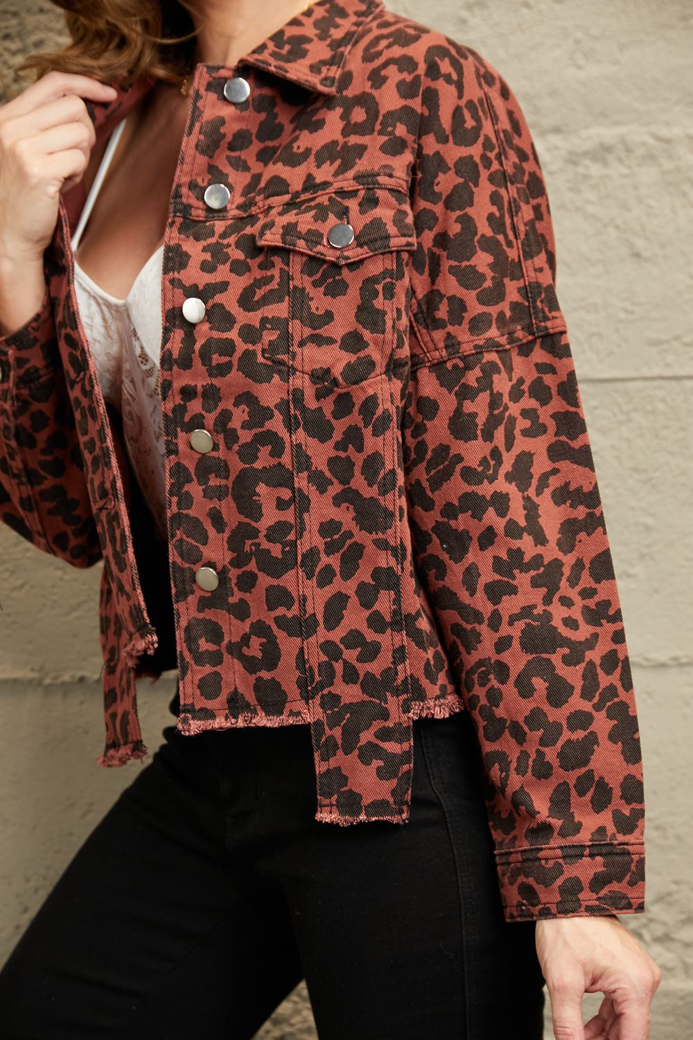 Double Take Leopard Print Raw Hem Jacket Leopard Jackets by Trendsi | Fleurcouture