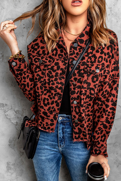 Double Take Leopard Print Raw Hem Jacket Leopard Jackets by Trendsi | Fleurcouture