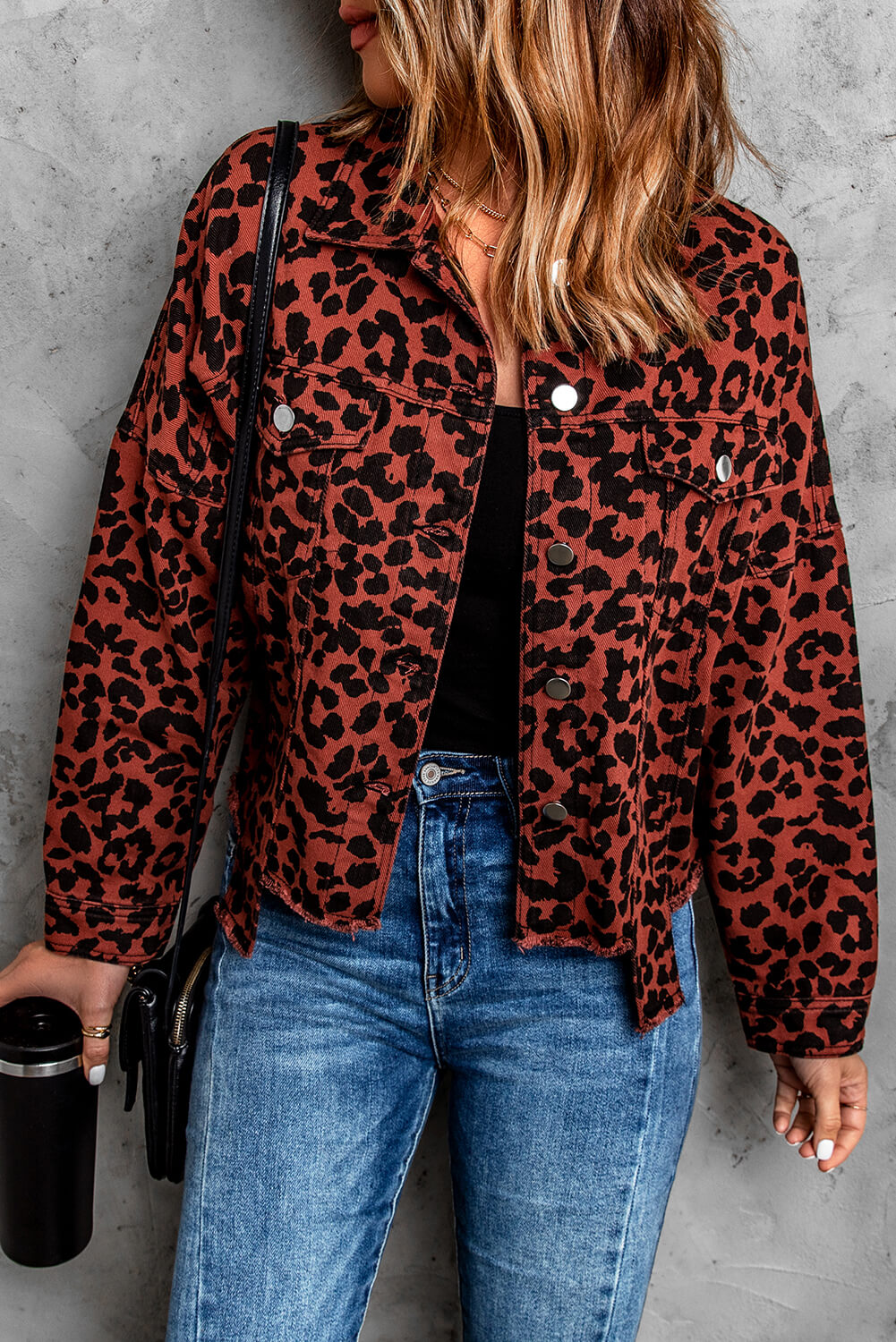 Double Take Leopard Print Raw Hem Jacket Leopard Jackets by Trendsi | Fleurcouture