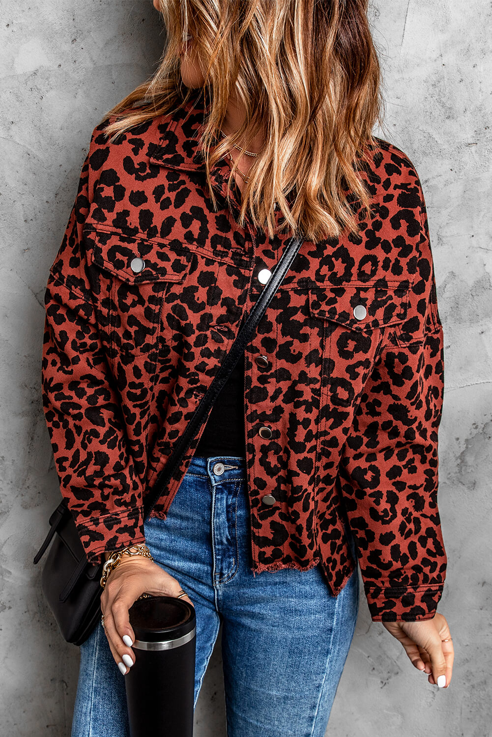 Double Take Leopard Print Raw Hem Jacket Leopard Jackets by Trendsi | Fleurcouture