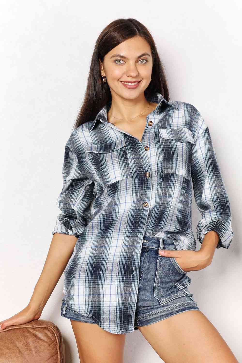 Double Take Plaid Dropped Shoulder Shirt Sky Blue S by Trendsi | Fleurcouture