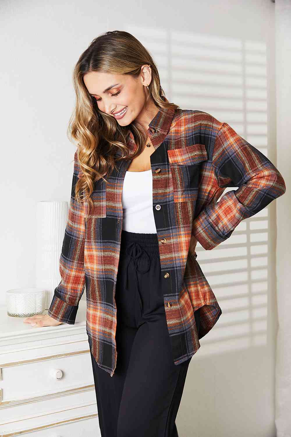 Double Take Plaid Dropped Shoulder Shirt by Trendsi | Fleurcouture