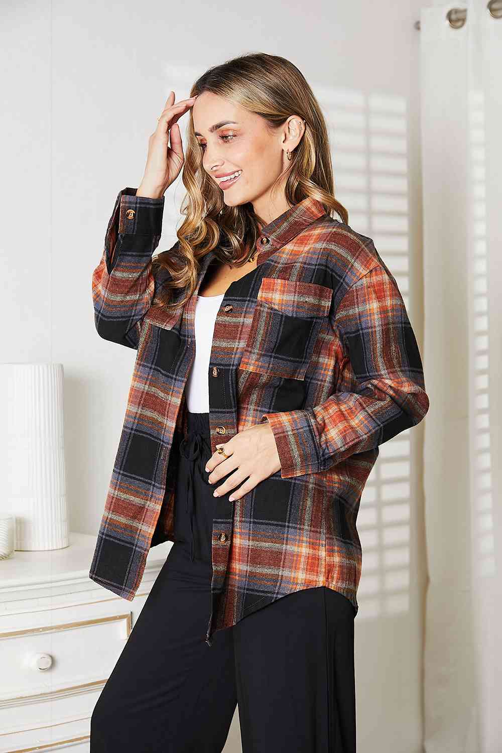 Double Take Plaid Dropped Shoulder Shirt by Trendsi | Fleurcouture