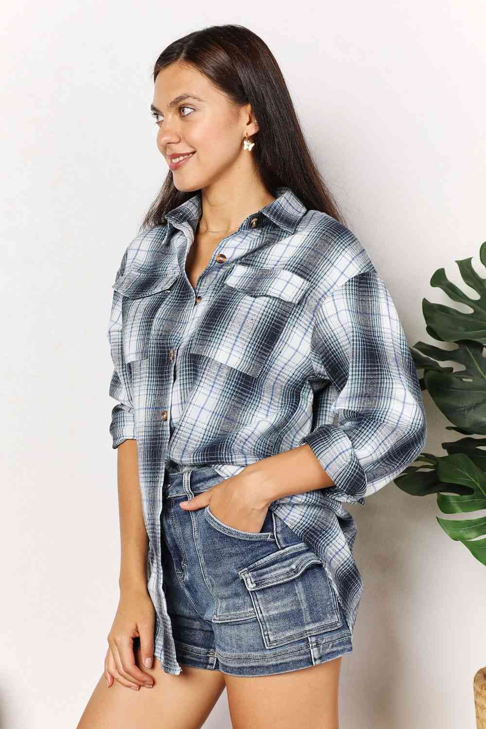 Double Take Plaid Dropped Shoulder Shirt by Trendsi | Fleurcouture