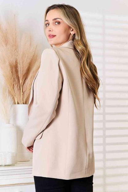 Double Take Shawl Collar Long Sleeve Blazer Sand by Trendsi | Fleurcouture