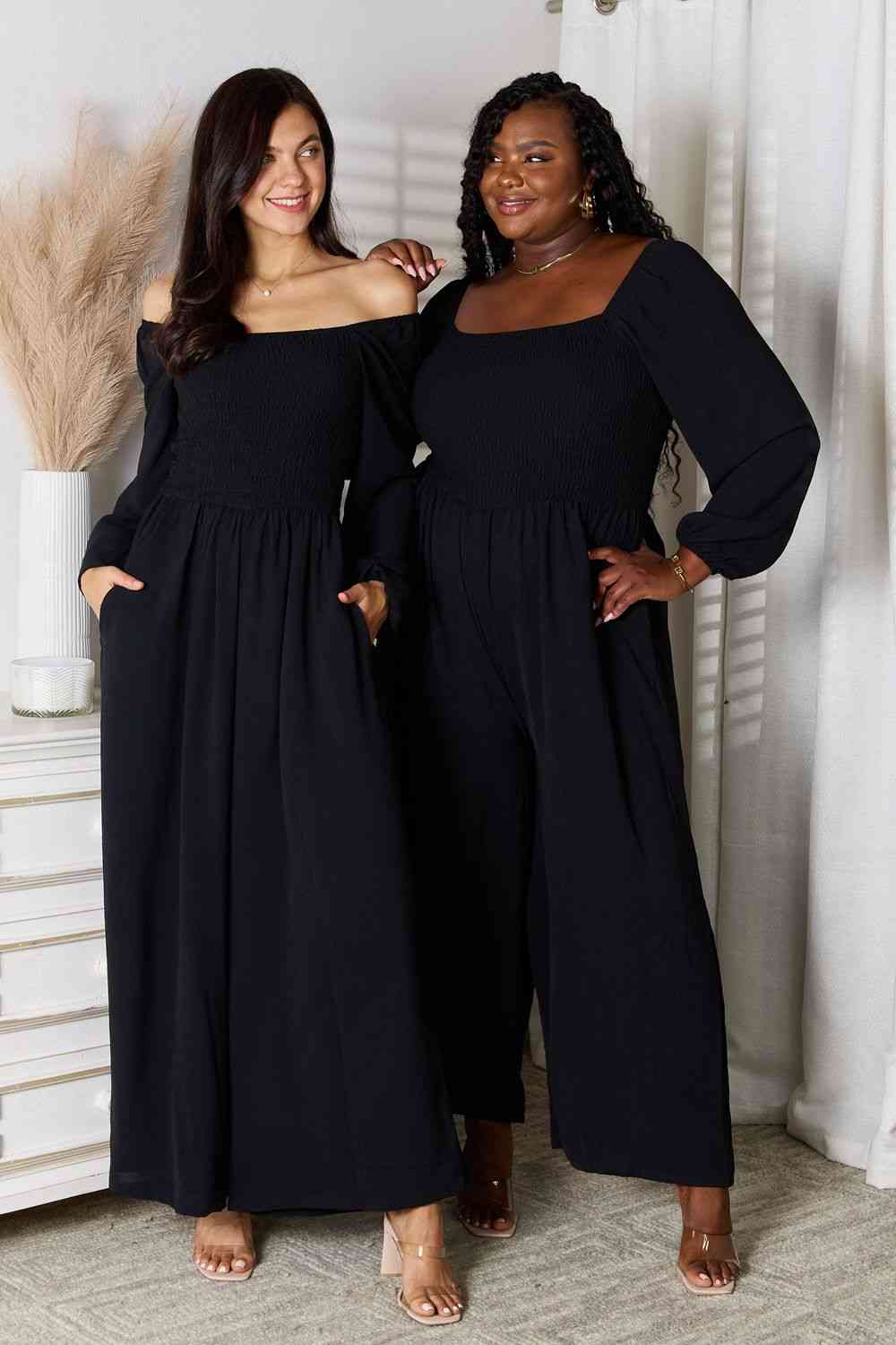 Double Take Square Neck Jumpsuit with Pockets Black by Trendsi | Fleurcouture