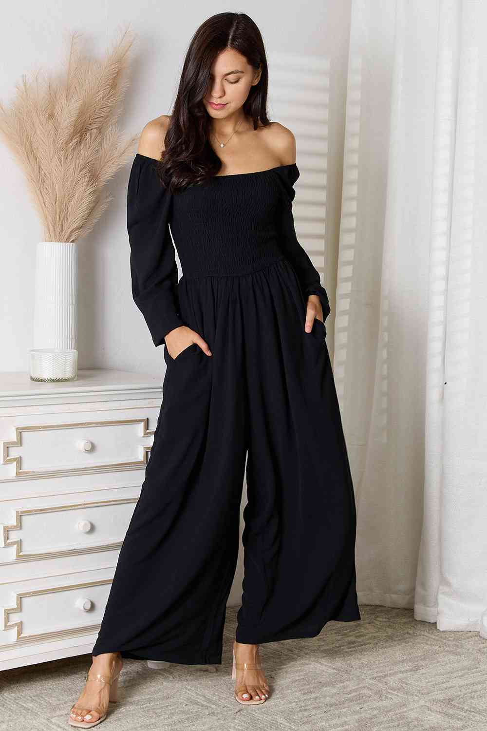 Double Take Square Neck Jumpsuit with Pockets Black by Trendsi | Fleurcouture