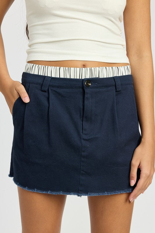 DOUBLE WAISTED HYBRID MINI SKIRT NAVY by Emory Park | Fleurcouture