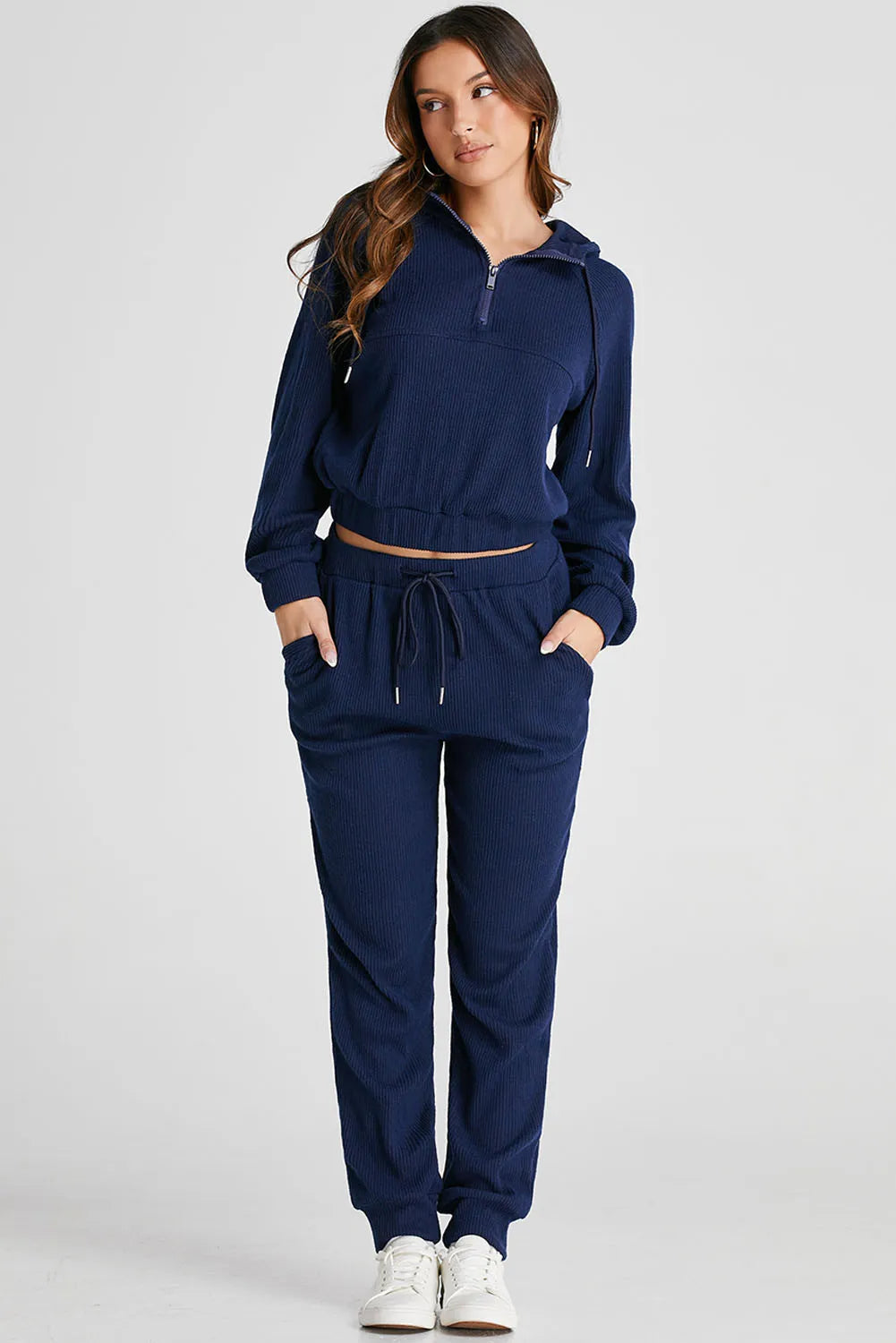 Drawstring Half Zip Hoodie and Joggers Active Set Navy Women&