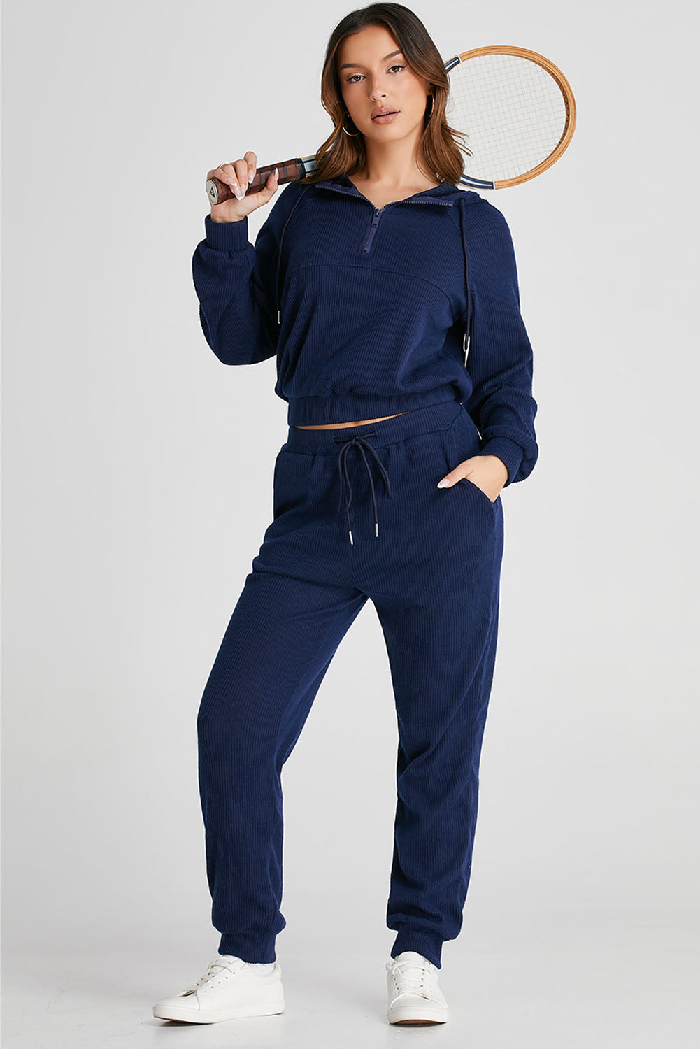 Drawstring Half Zip Hoodie and Joggers Active Set Navy Women&