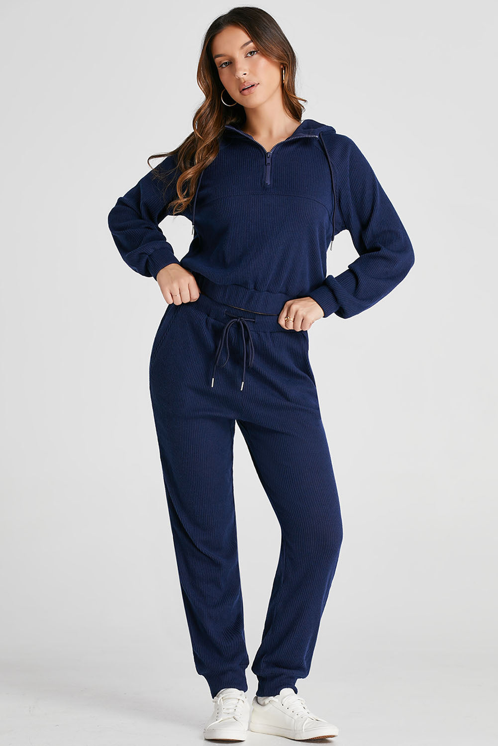 Drawstring Half Zip Hoodie and Joggers Active Set Navy Women&