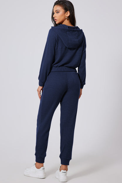 Drawstring Half Zip Hoodie and Joggers Active Set Navy Women&