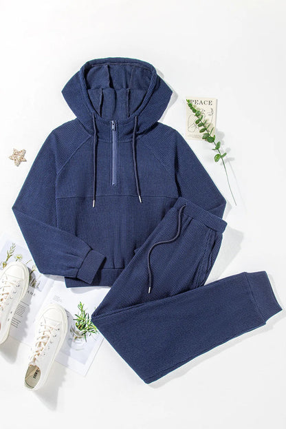 Drawstring Half Zip Hoodie and Joggers Active Set Navy Women&