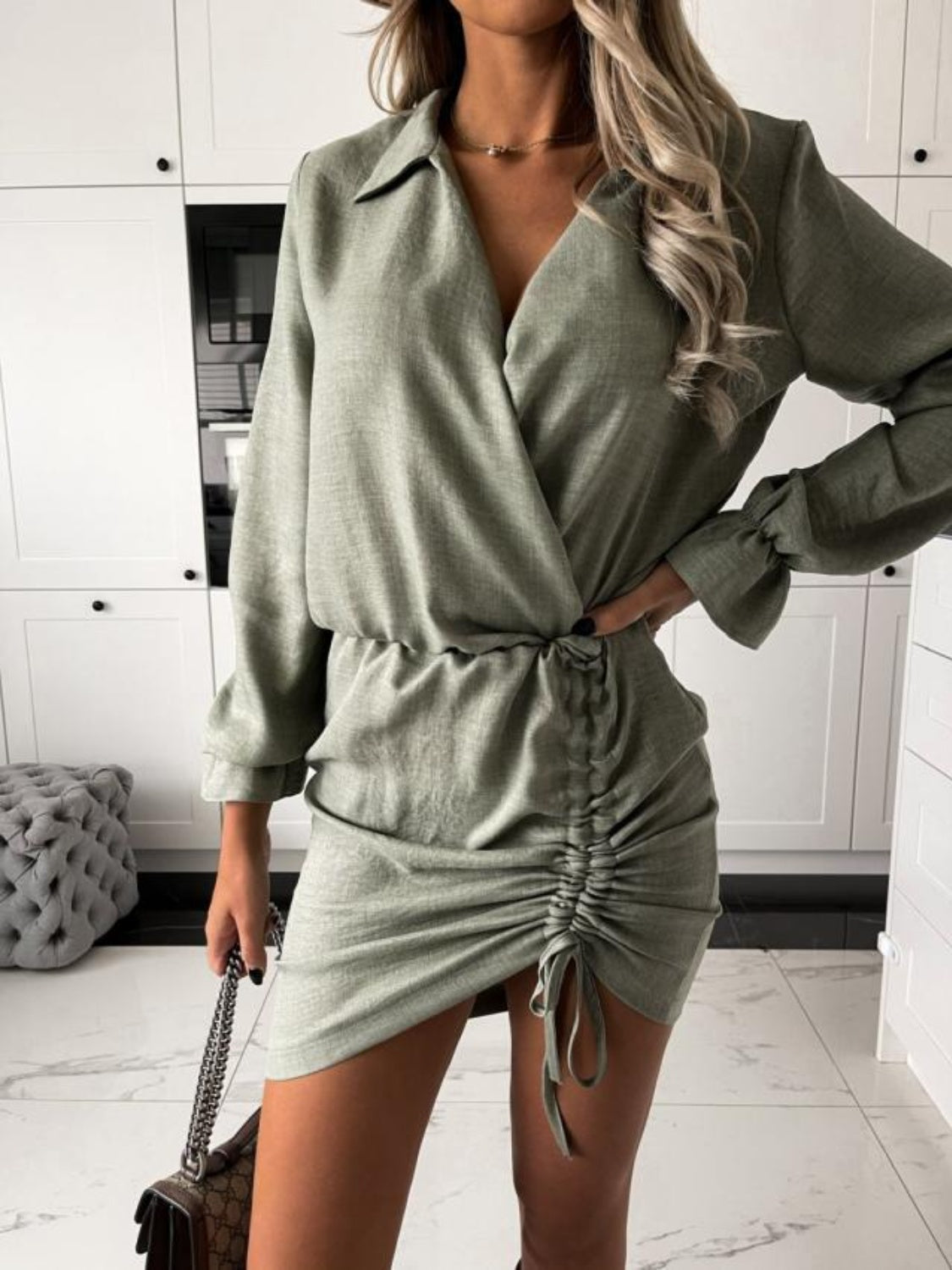 Drawstring Long Sleeve Mini Dress Sage S Women&